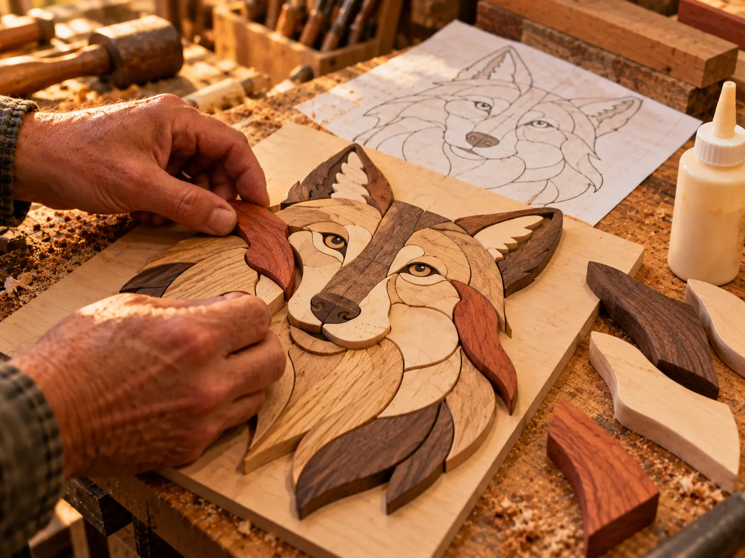 What Is Intarsia assembly step showing shaped wooden pieces fitted from an intarsia pattern