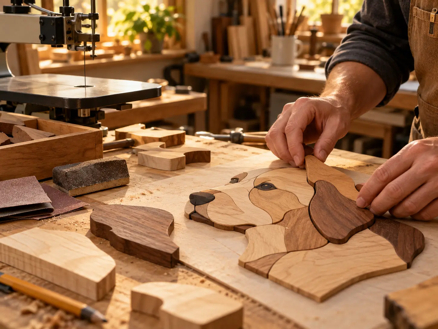 Beginner woodworker assembling a simple intarsia woodworking project