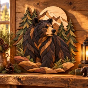 Black Bear in Pines Intarsia Pattern