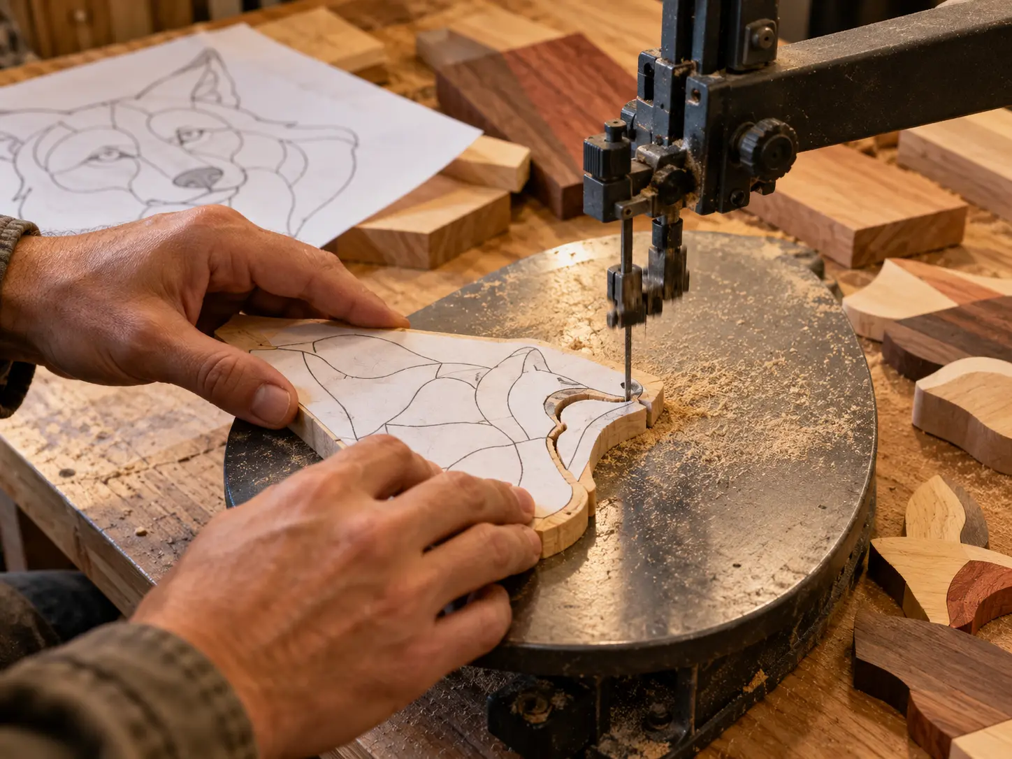 What Is Intarsia cutting step using a scroll saw to cut an intarsia pattern piece