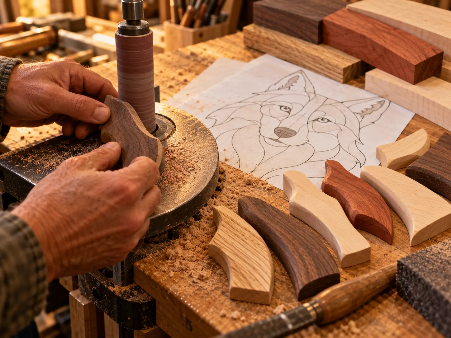 What Is Intarsia shaping step showing sanding of an intarsia pattern wood piece