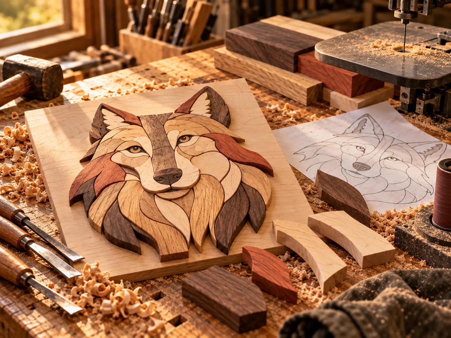 What Is Intarsia woodworking example with a finished wolf intarsia pattern and woodworking tools
