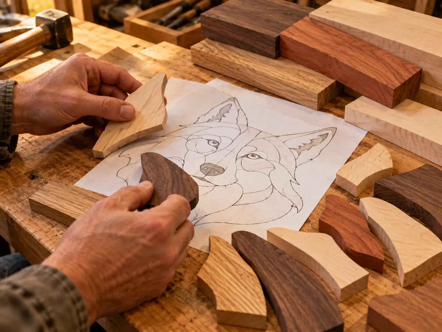 What Is Intarsia wood selection step showing natural wood for an intarsia pattern